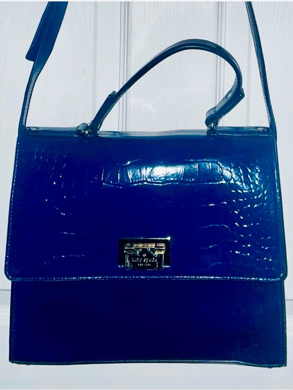 Kate Spade Knightsbridge Doris Blue Patent Leather Crocodile Embossed Satchel